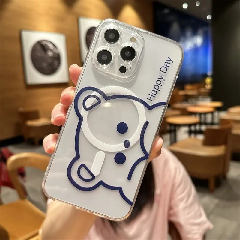 Cute Funny Line Bear Magsafe Magnetic Phone Case for Samsung Galaxy S25 S24 S23 S22 S21 S20 FE Plus Ultra 5G Soft Clear Cover