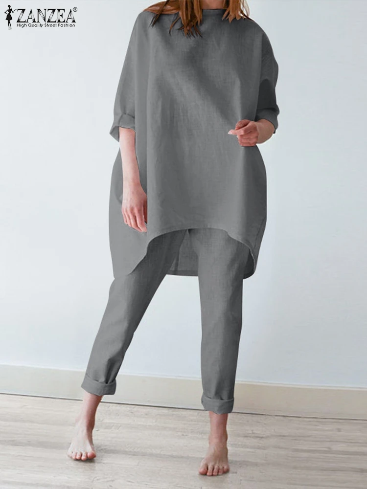 

Short Sleeve Buttons Irregular Hem Blouse ZANZEA Women Summer Solid Color Suit Femme Fashion Casual Loose Pant Trousers Outifits