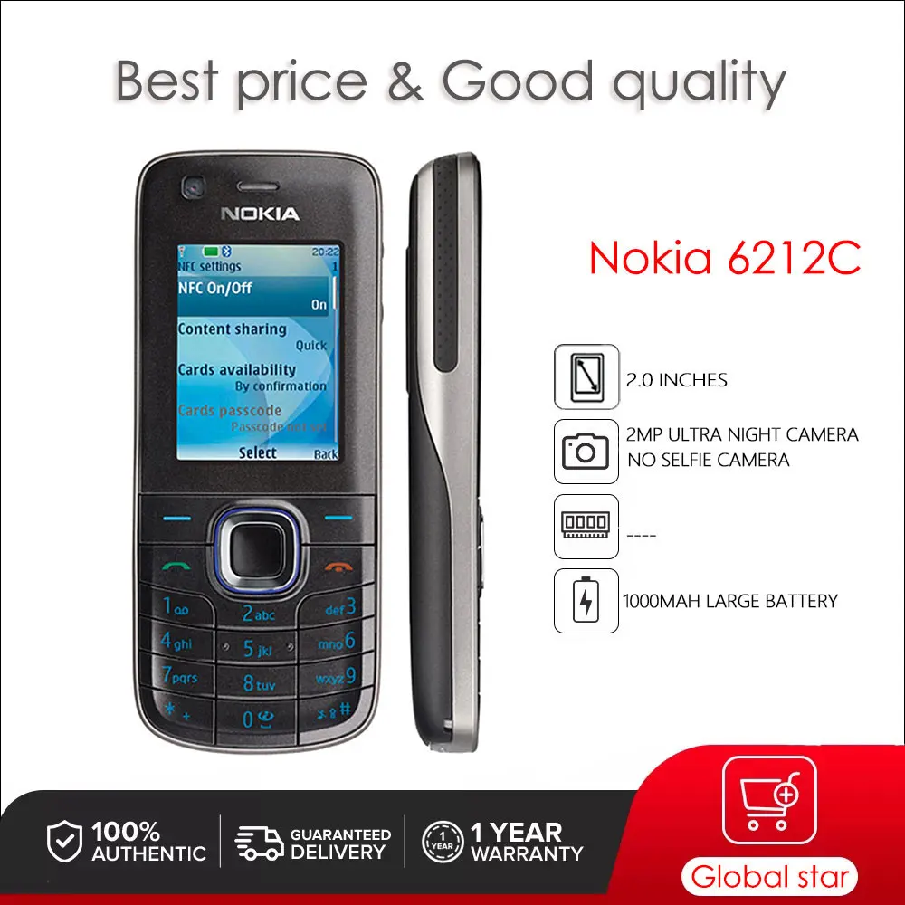 

Nokia 6212 Classic Single SIM Original Mobile Phone 2.0" 1000mAh Cellphone