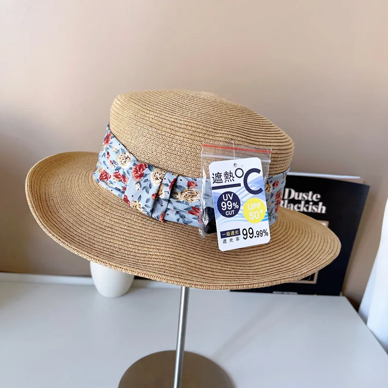 Wide Brim Summer Hat for Women Flat Top Flower Ribbon Decoration Straw Hat Sun Hat Beach Hat Sun Protection Kentucky Derby Hat