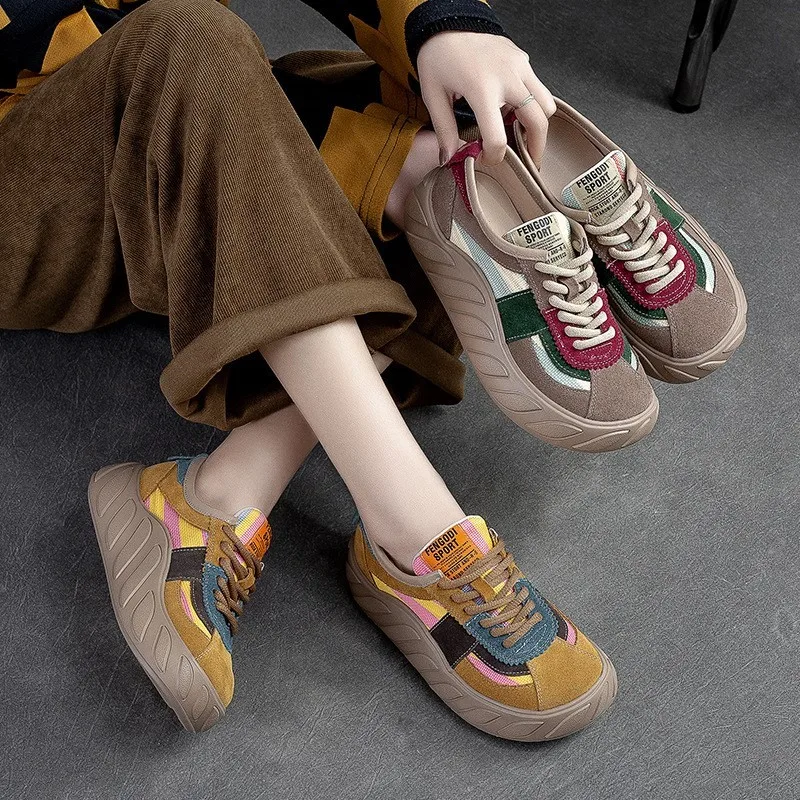 Mixed Colors Flats Comfy Shoes Women Sneakers Genuine Leather Lace-up 2023 New Fashion Handmade Leisure Platform Vulcanize Shoes