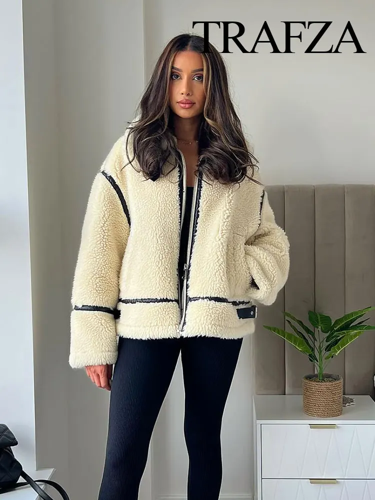 

TRAFZA Winter Women Fashion Streetwear Style Jacket White Turn-Down Collar Long Sleeve Pockets Zipper Woman's Casual Thick Coat