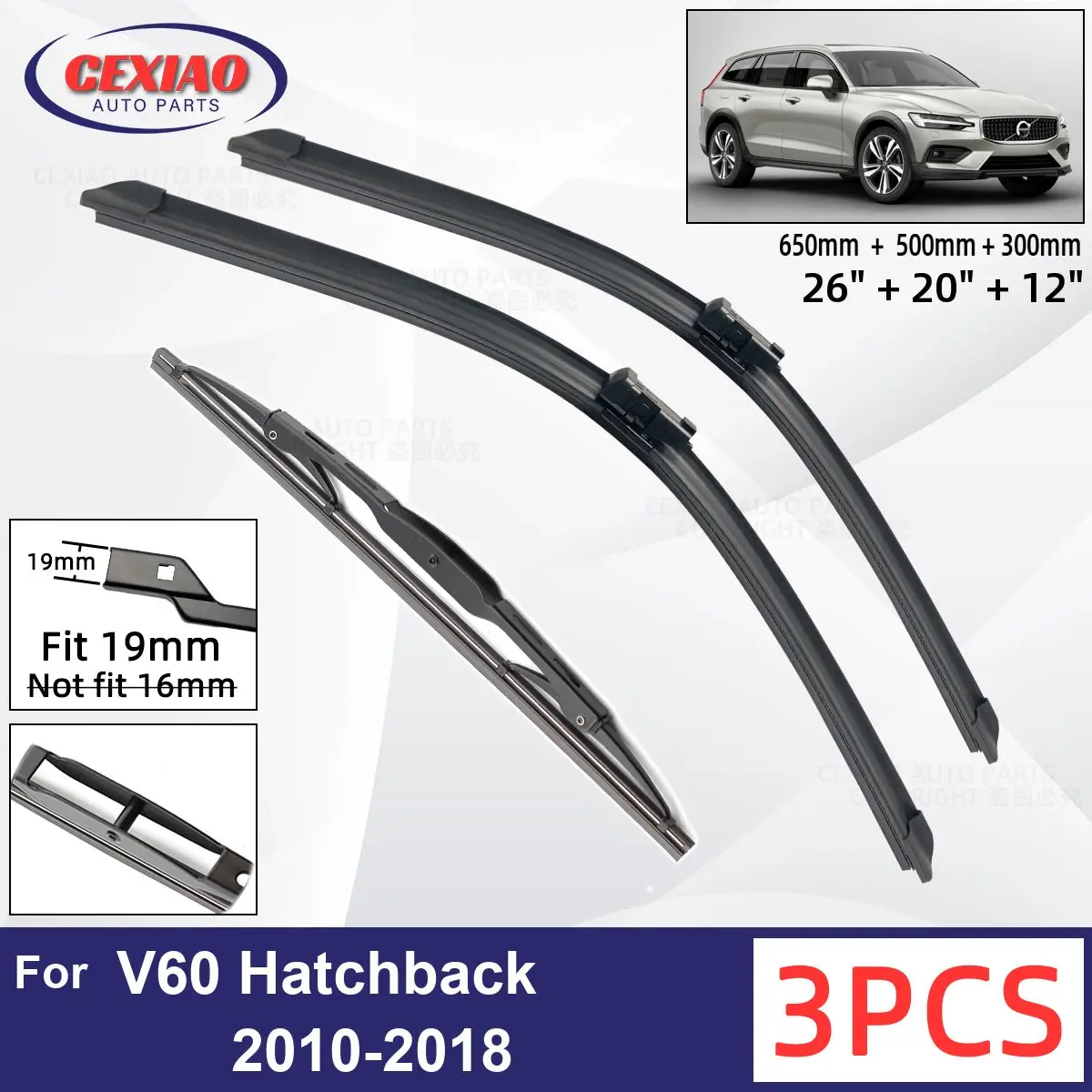 

For Volvo V60 Hatchback 2010-2018 Car Front Rear Wiper Blades Soft Rubber Windscreen Wipers Auto Windshield 26"20"12" 2016 2017