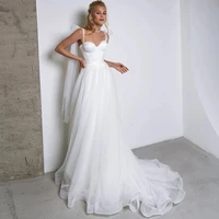 simple white tulle wedding dresses boho bow spaghetti straps a line beach wedding party gowns abito da sposa
