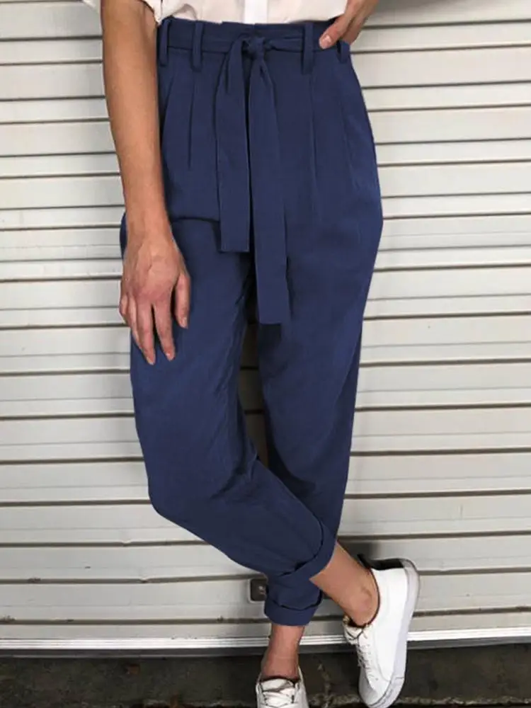 

Celmia Casual Loose Solid Pockets Pants Vintage Women Long 2022 Fashion High Waist Harem Trouser Belted Party Pantalon Femme