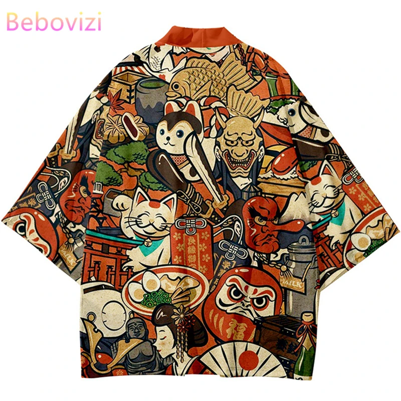 

Newest Streetwear Cardigan Demon Samurai Cat Print Shirt Clothing Traditional Haori Yukata Kimono girls Boy Beach Shirts