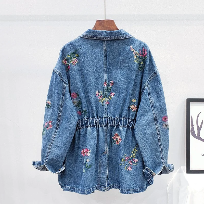 

Embroidery Fashion Flowers Denim Women Outerwear 2022 Autumn Korean Loose Mid Long Elastic Waist Jeans Jacket Coat Female