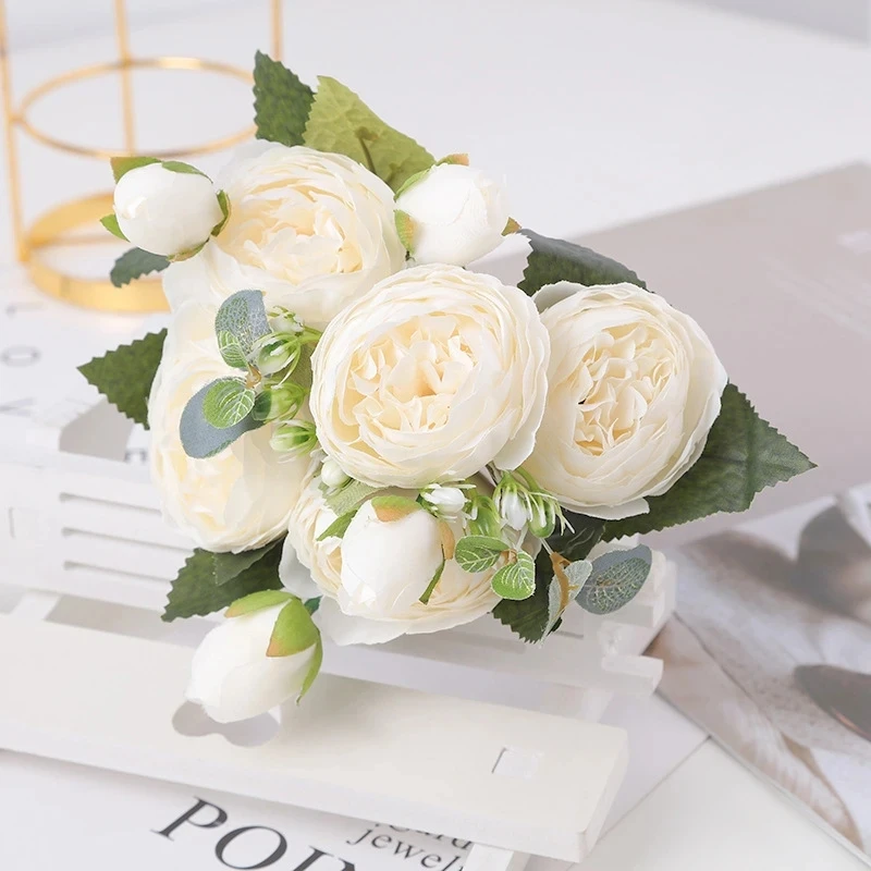 30cm Artificial Flowers Rose White Peony Bouquet 5 Big Head and 4 Bud Cheap Fake Flowers for Home Wedding Decoration Indoor Vase