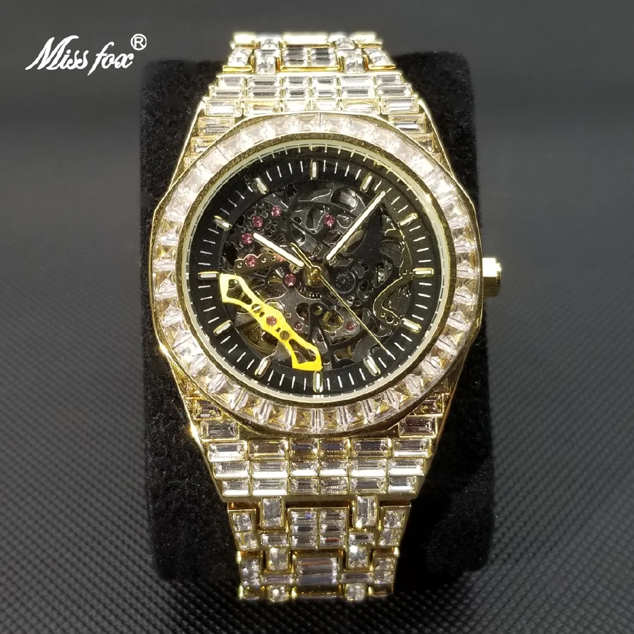 

New Ice Out Mechanical Watches For Men Luxury Gold Fully Moissanite Automatic Watch Hip Hop Hollow Dial Tourbillon Jewelry