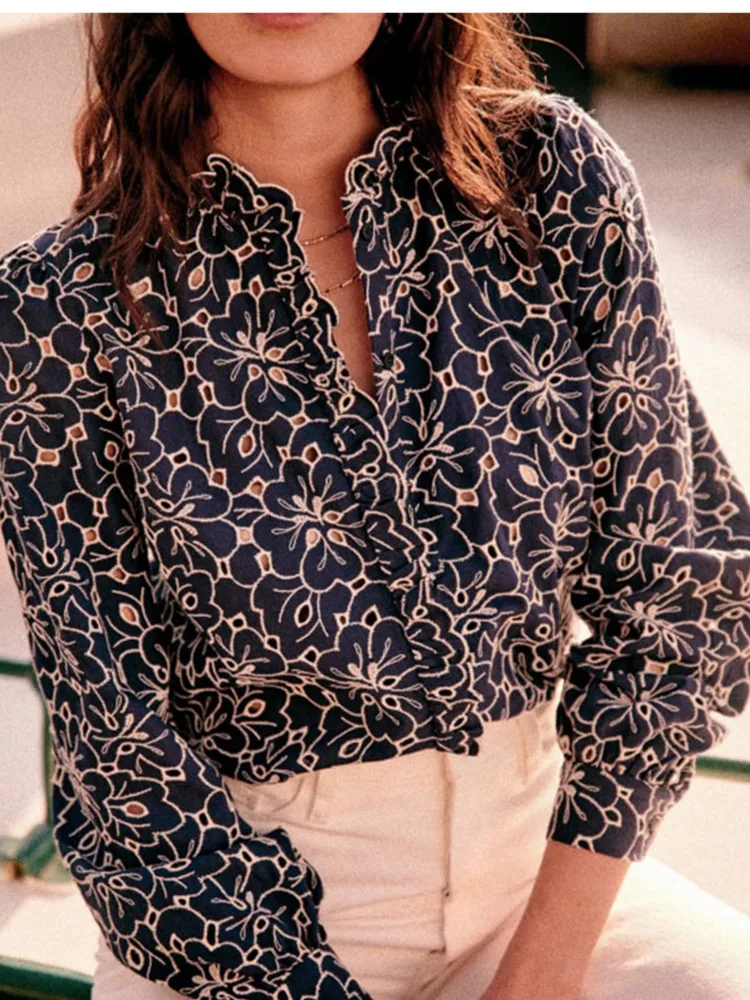 

Women's Shirt Embroidery Ruffles Hollow Out Stand Collar Casual Blouse