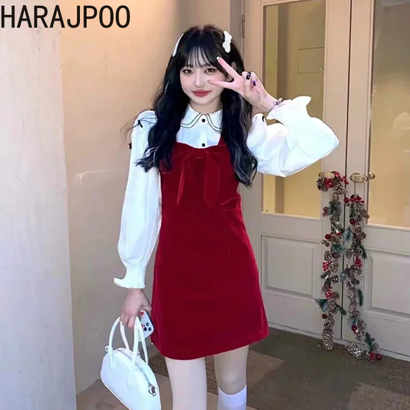 

Woman Dress Harajpoo Spaghetti Strap Red Velvet Bow Autumn Spring 2022 New Harajuku Goth Sexy Preppy Style Vintage Mini Dresses