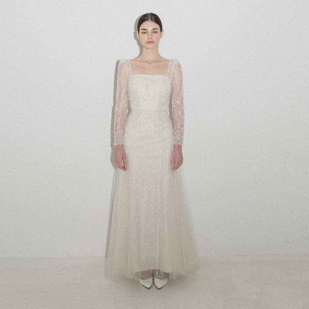 

Muloong Glitter Square Collar Korea Simple Women Wedding Dresses Sequins Ankle Length Mermaid Prom Gowns Bride New 2023