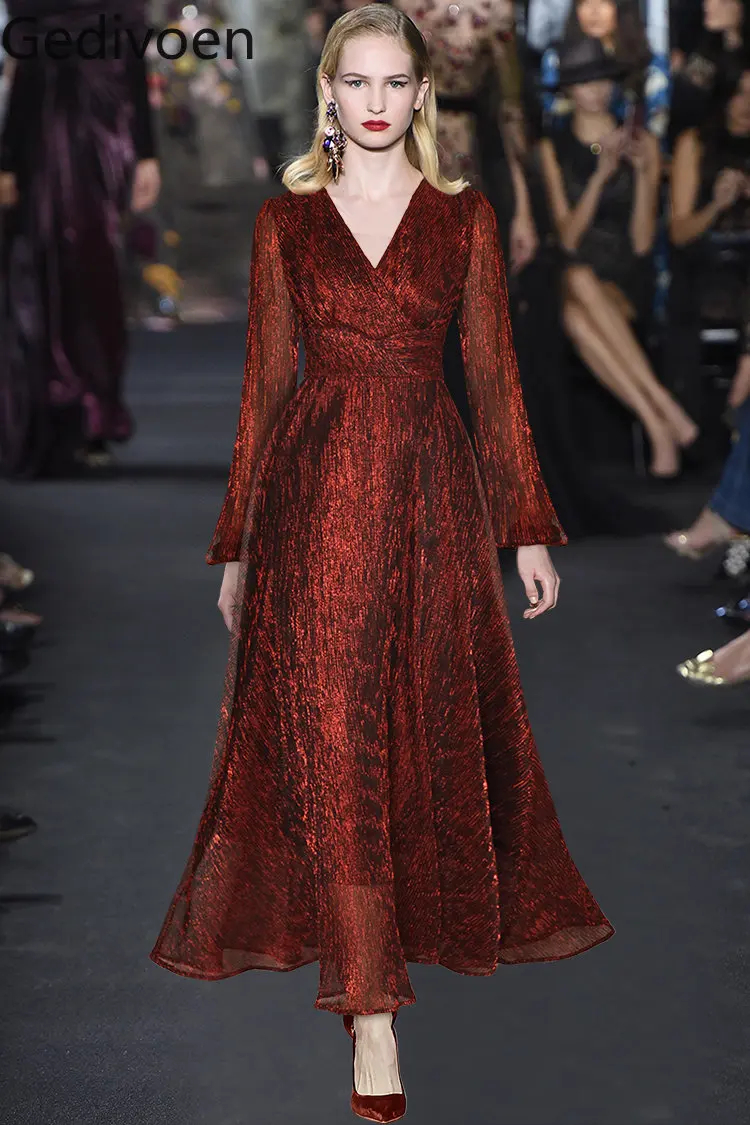 Gedivoen Fashion Designer dress Autumn/Winter Women V-neck Dress Long sleeve High waist Gorgeous Vintage Red Party Dresses