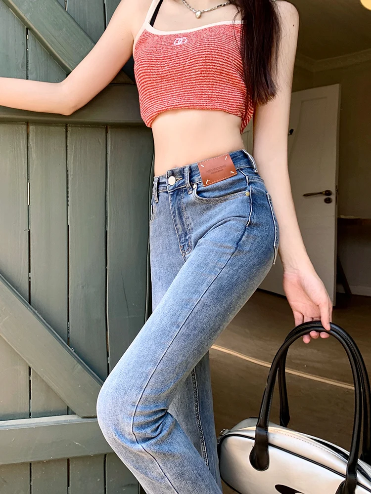 Korean Women's Classic Jeans High Waist Knee Length Straight Leg Pants Fashion Slim Fit Water Wash Women's Denim Pants Girls'