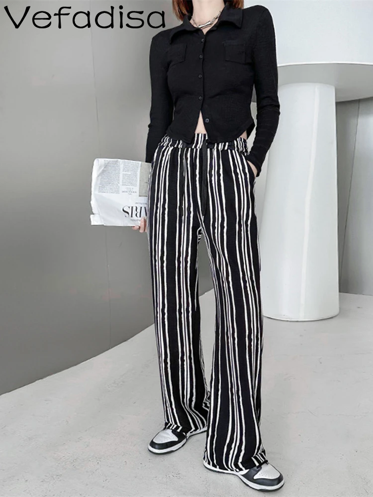 Vefadisa Women Black And White  2023 Fashion Striped Wide Leg Trousers For Women In Spring And Summer Full Length ZY120