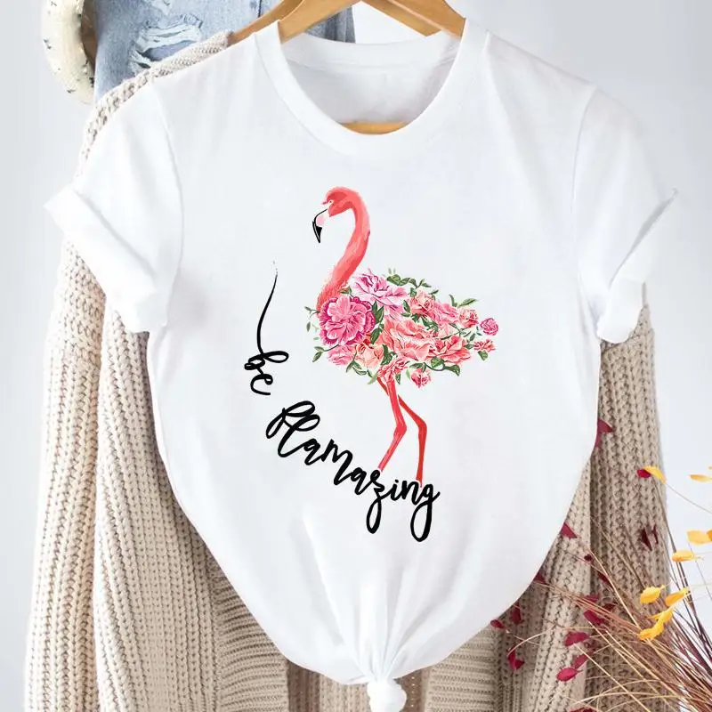 

Женские футболки с графическим принтом, модная пляжная футболка с коротким рукавом и мультяшным фламинго, лето-весна 2022