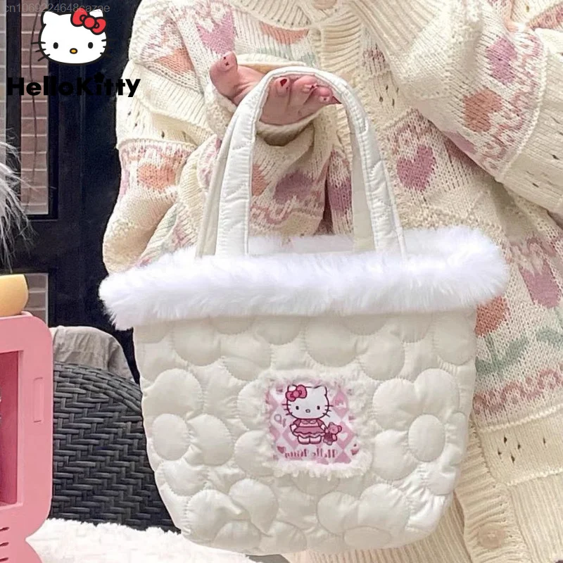 

Женская сумка-тоут Sanrio, Hello Kitty кружевные наклейки, хлопковая плюшевая женская сумка Y2k, мягкая, милая, разнообразные сумки, роскошные дизайнерские женские сумки