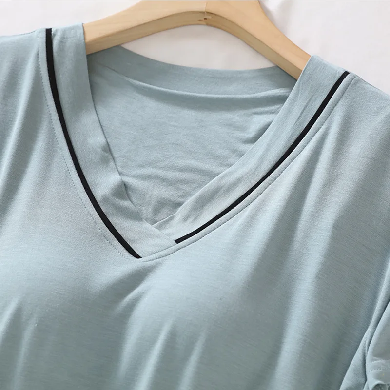 Modal Nightdress with Chest Pad Soft Cotton Nightgown for Women V Neck Nightshirts Short Sleeve Sleepwear Plus Size Nightdress