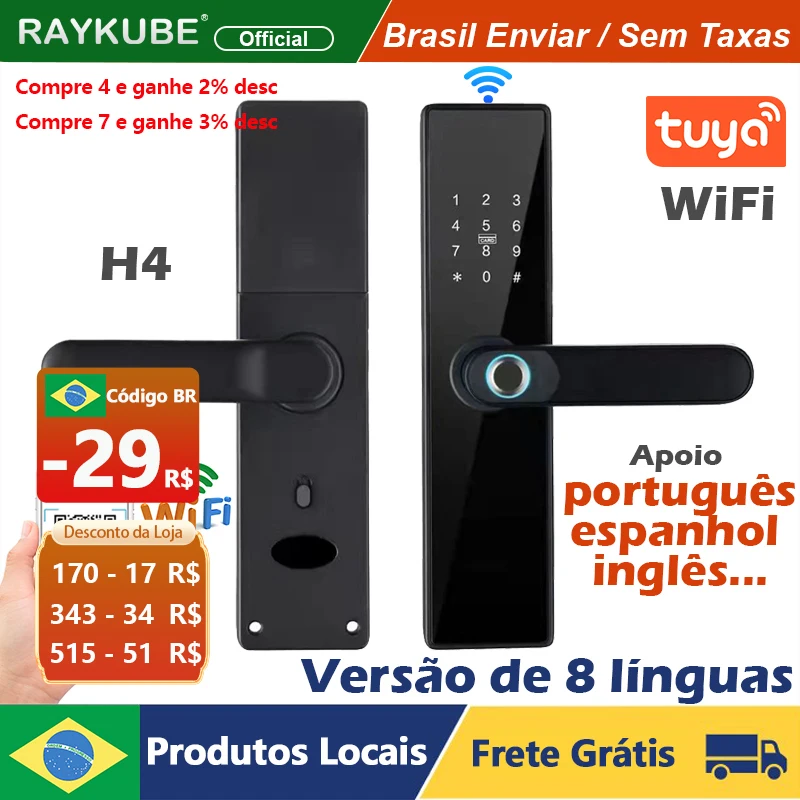 

RAYKUBE H4 Free Shipping From Brazil Free Tax Tuya Electronic Lock Tuya Wifi Smart Door Lock Fingerprint Electronic Door Lock