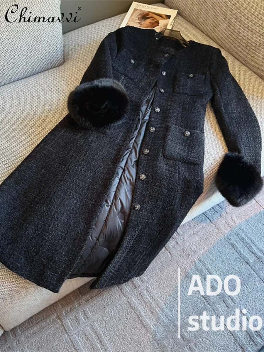 

Черное элегантное пальто средней длины с подкладкой из перьев, новинка зимы, модные элегантные женские шерстяные Большие куртки высокого качества с пушистыми рукавами