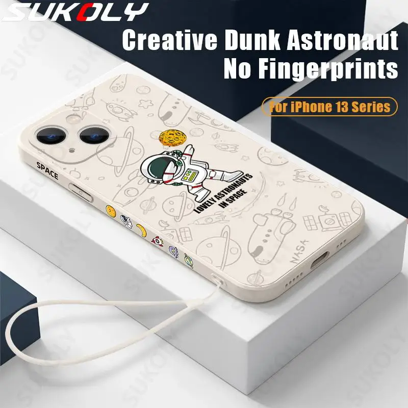 

For iPhone 13 Pro Max Case Cute Dab Astronauts Lanyard Case For iPhone 12 11 XS XR X 7 8 Plus Shockproof Silicone Square Cover