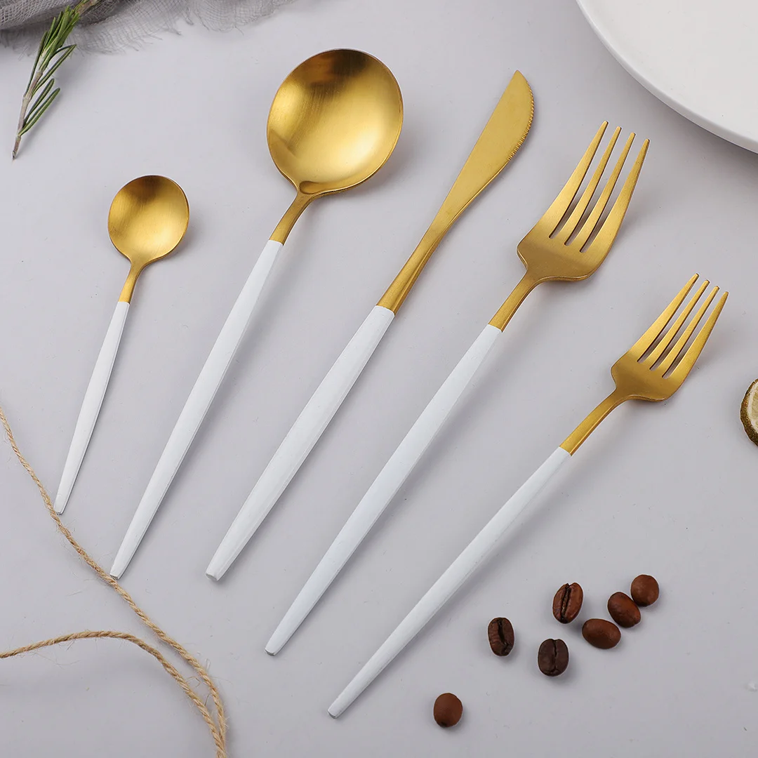 

White Gold 5Pcs Matte Dinnerware Set Stainless Steel Flatware Forks Knives Spoons Kitchen Utensils Flatware Travel Cutlery Set