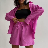 women tracksuits long sleeve shirt with mini shorts cotton stretch waist two pieces sets ladies outfits blouses fashion clothes
