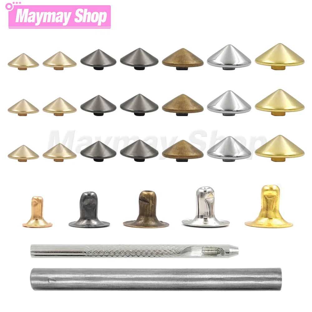 

100sets 5mm-12mm DIY Punk Rock Conical Rivet Spikes For Clothes Shoes Bags Decoration Leathercraft Accessories With Tools