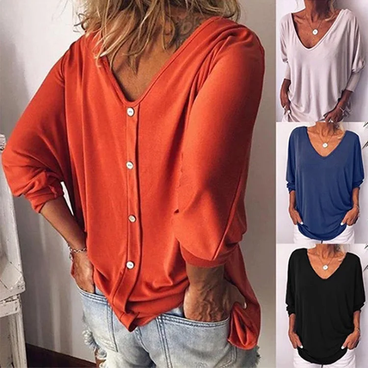 

European and American women's clothing autumn/winter 2022 new V-neck bat quarter sleeve back button T-shirt loose top