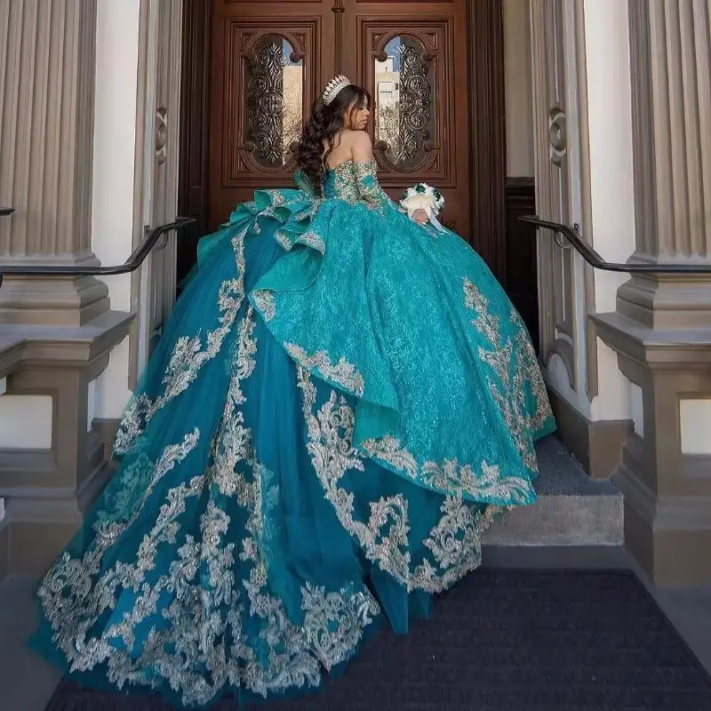 Зеленое блестящее платье Quinceanera бальное с золотой аппликацией кружевное тюлевое