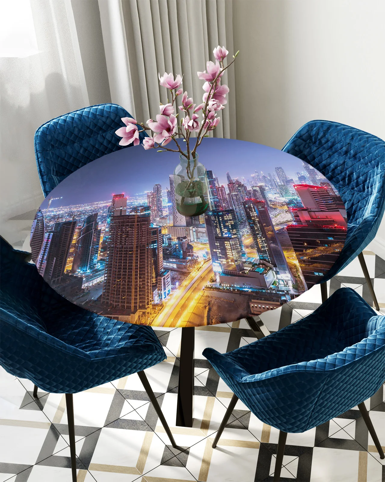 Night City Building Tablecloth Round Elastic Edge Table Cloth Home Kitchen Decor Waterproof Table Cover