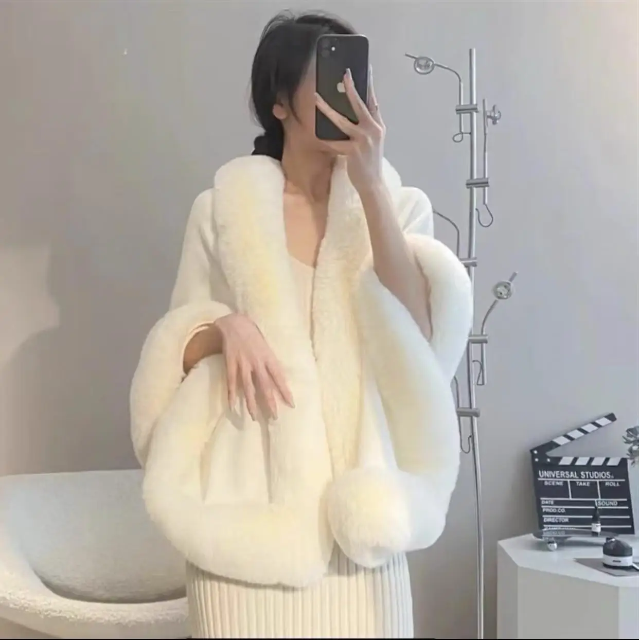 Новая осенне-зимняя накидка с воротником из искусственного меха кролика рекс