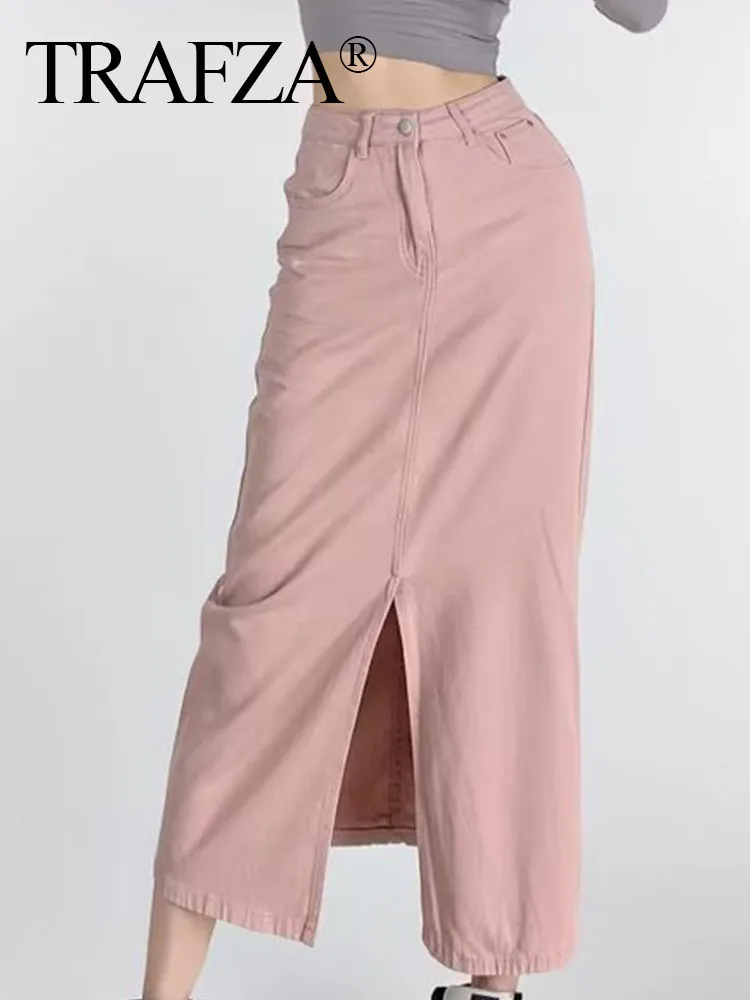 

TRAF ZA 2023 Women Fashion Chic Hem Slit A Line Slim Long Skirts Casual Commuter Zipper Pockets Button Decorate Pink Denim Skirt