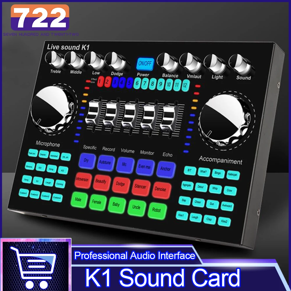 

K1 Audio Mixer Computer Phone Voice Changer HIFI Live Sound Card Mixer Board Streaming Audio Bluetooth 5.0 For Studio Singing