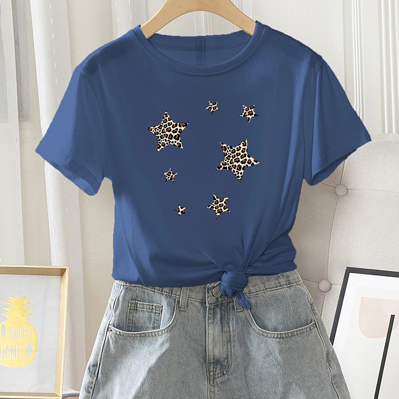 

Female Regular Casual Short Sleeve Daily Fashion Summer Female T-shirt Leopard Star Print Ladies Graphic Clothes O-Neck Tees Top
