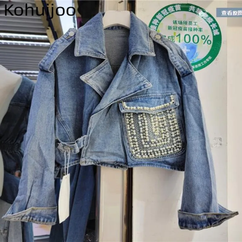 Kohuijoo  Heavy Denim Jacket 2023 Women Spring New Korean Short Pearls Beading High Waist Jeans Jacket Fashion Casual  Coat