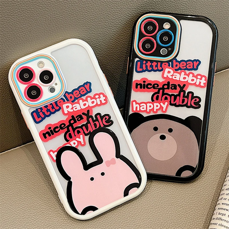 

Cartoon Little Bear Rabbit Girl Phone Case For iPhone 11 12 13 Pro Max XS XR X Cute Transparent Shockproof Cover