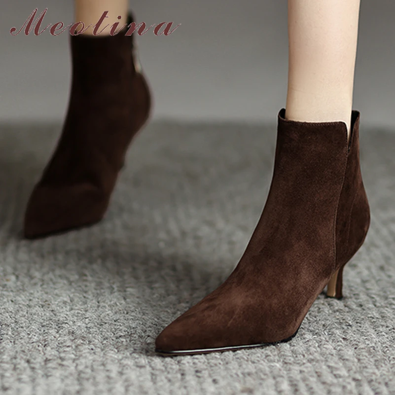

Женские ботильоны из натуральной кожи Meotina, осенне-зимние полусапожки на тонком высоком каблуке, на молнии, с острым носком, 40