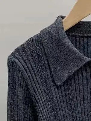 

Women Polo Callor Sweater New Elegant Slim Button Knit Top