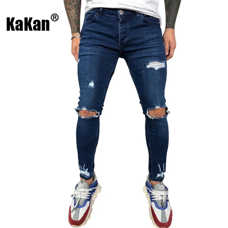 Kakan - High Quality European and American Men's Distressed Elastic Small Leg Jeans with Torn New Dark Blue Black Jeans K01-8812