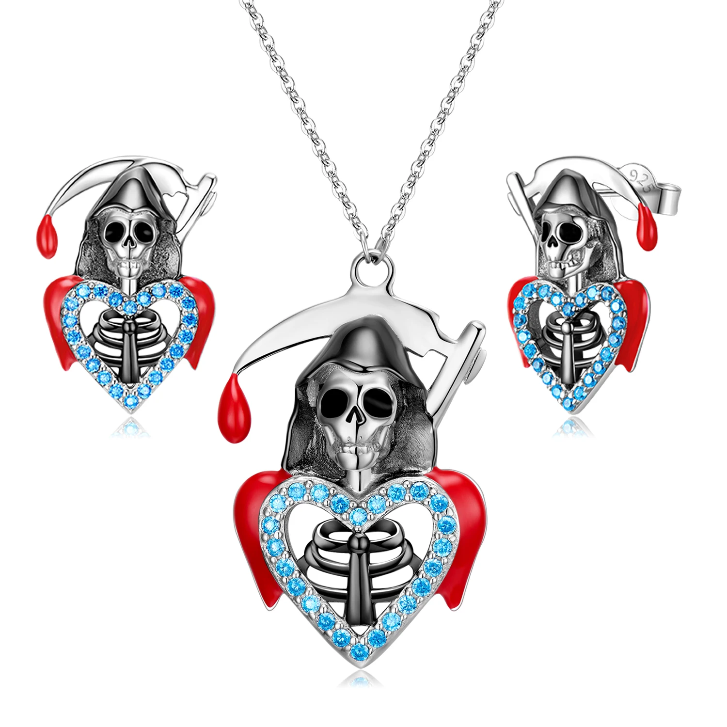 

Kataoka 925 Sterling Silver Earring Hellbringer Scythe Skull Necklace Pendant Jewelry Set Hiphop/Rock Gift for Women Party