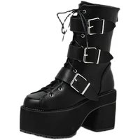 women shoes women boots pu black round toe high top personality three buckle lace up fashion street nightclub ankle boots kc035