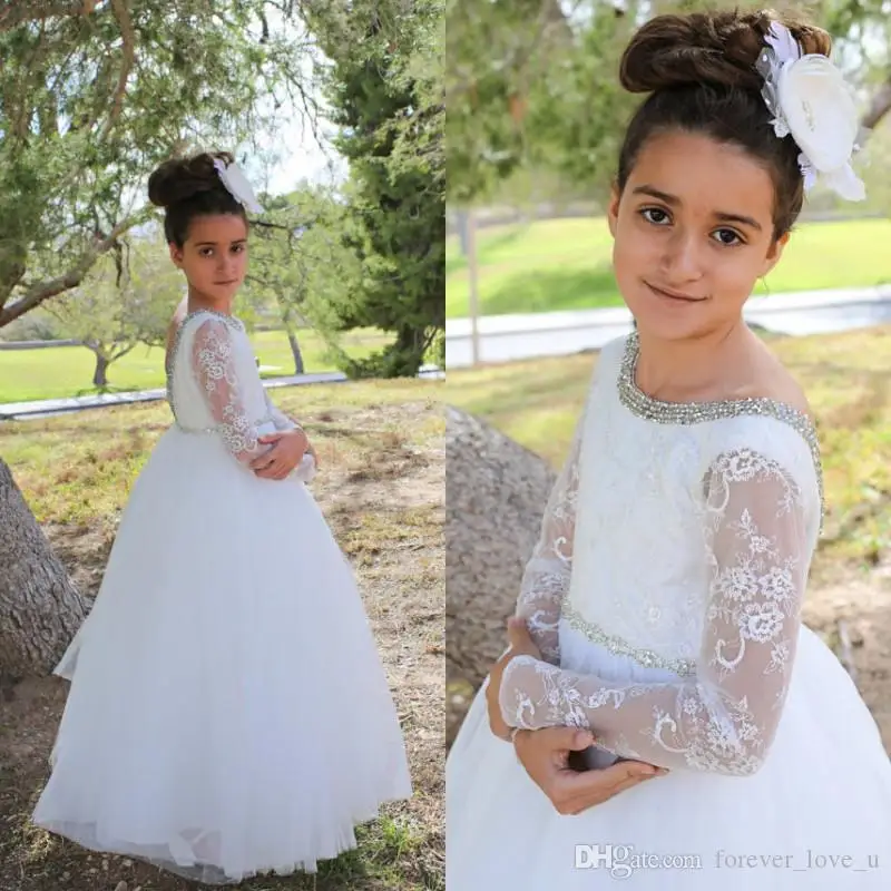 

Princess Floor Length Flowergirl Dresses Beaded Neck Backless Illusion Lace Long Sleeve Tulle Skirt Vintage Flower Girl Dress
