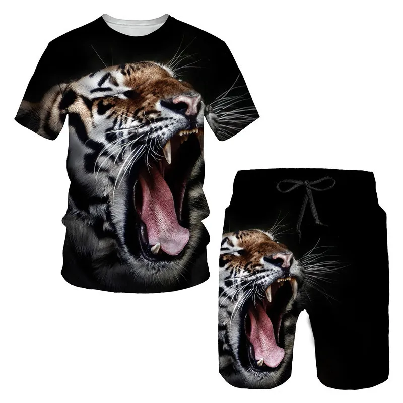 Summer Cool Tiger Printing Men's T Shirt Loose O-neck Short Sleeve Tops Casual Comfortable Shorts 2 Piece Outfit Men Clothing