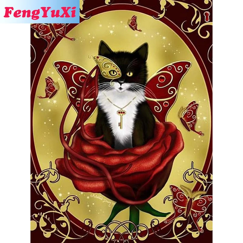 

FengYuXi 5D DIY Полная квадратная/круглая алмазная живопись, вышивка крестиком, Бабочка, кошка, искусственная вышивка