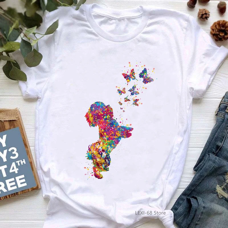 

Watercolor Teddy Dog Love Butterfly Print Tshirt Women Clothes 2022 Funny Dog Lover T Shirt Femme Harajuku Kawaii T-Shirt