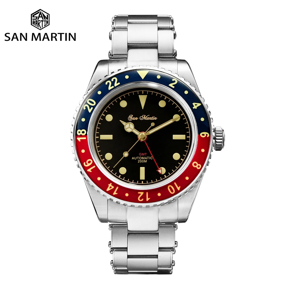 

Мужские автоматические механические часы с сапфировыми заклепками San Martin Diver в стиле ретро GMT, водонепроницаемые светящиеся часы 20 бар