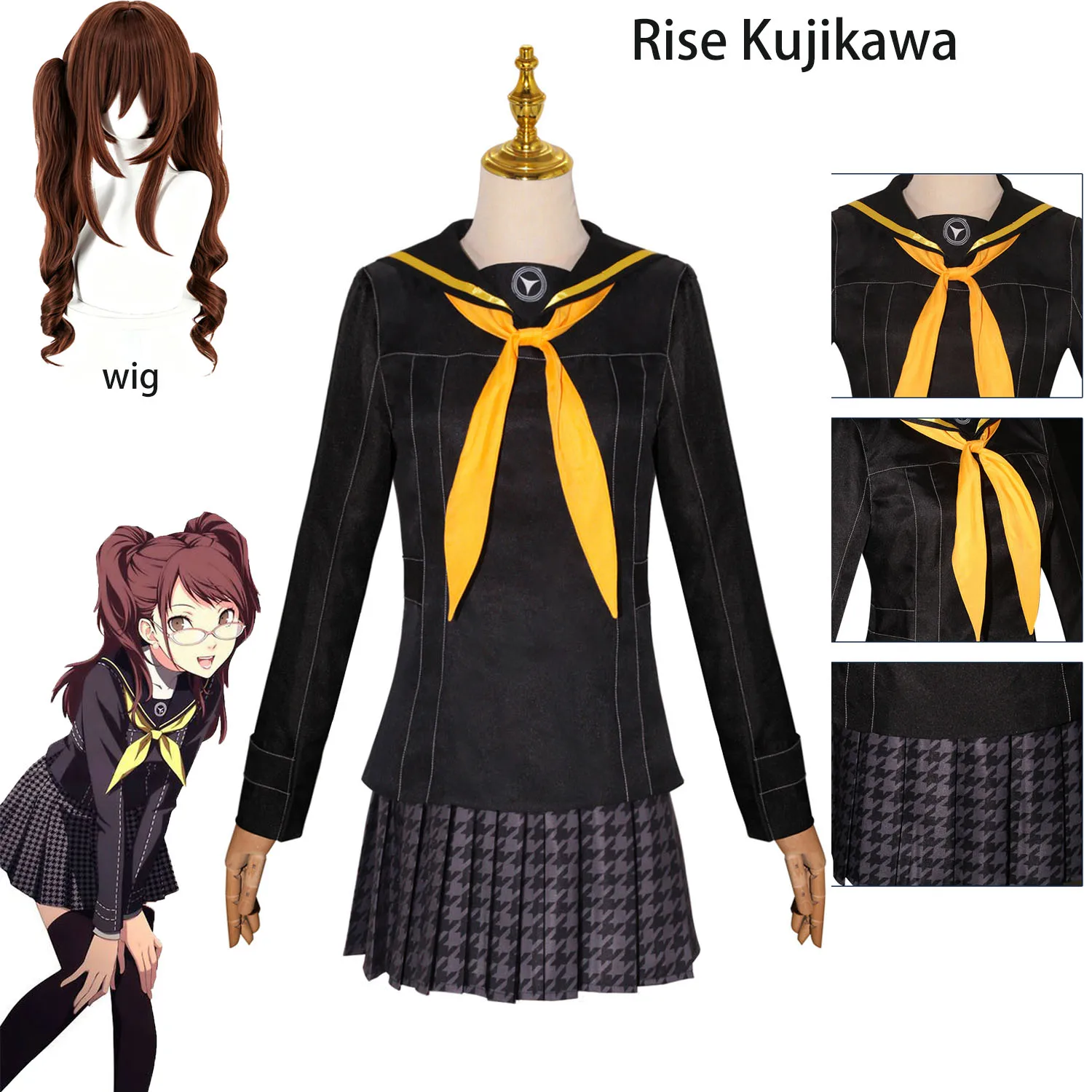 Фото Костюм для косплея по игре Persona 4 Golden Rise: Куджикава. Коричневый парик с двумя хвостиками, черный топ в морском стиле, юбка в клетку 