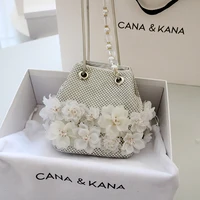 2022 new fashionable diamond beaded shoulder bag elegant chain flower crossbody bag silver sweet small bucket bag for women