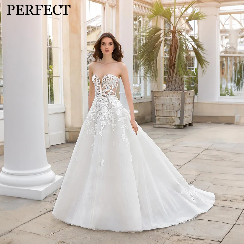 

PERFECT Gorgeous Wedding Dresses For Woman A-line Strapless Sweetheart Appliques Open Back Flowers Luxury Vestidos De Novia